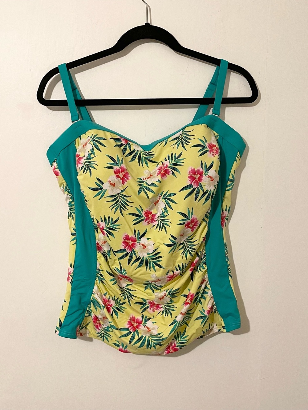 Land's End Yellow Green Tropical Floral Flower Tankini Swimsuit Top Size 14